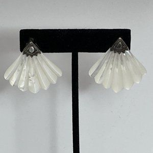 STERLING SILVER MOTHER OF PEARL FAN SHAPED MARCASITE PIERCED EARRINGS